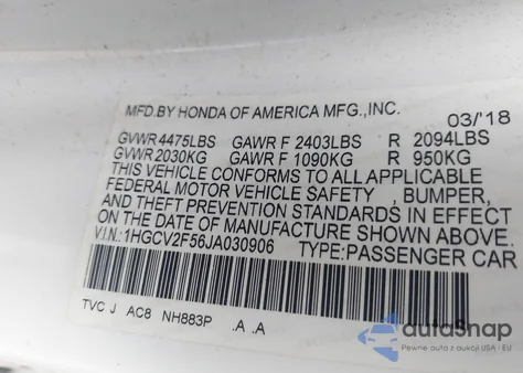 2018 Honda Accord Ex-L 2.0T из США, поврежденный, VIN 1HGCV2F56JA030906